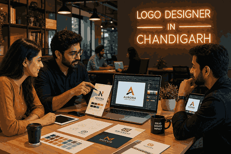 Logo designer in Chandigarh team collaborating with client on branding ideas using laptops with design software and color palettes
