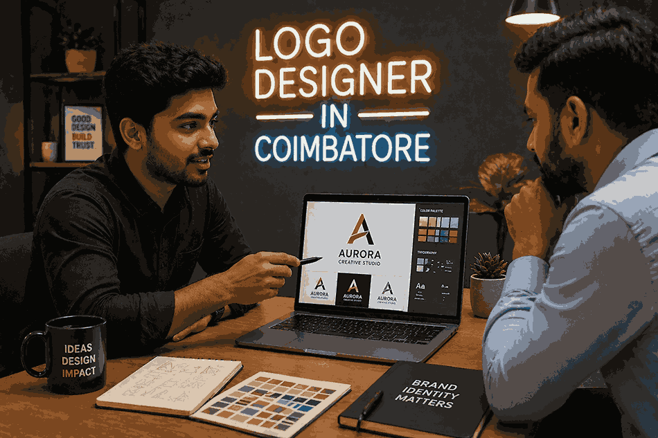Logo designer in Coimbatore pointing at laptop screen with logo designs and color palette while client listens in modern office