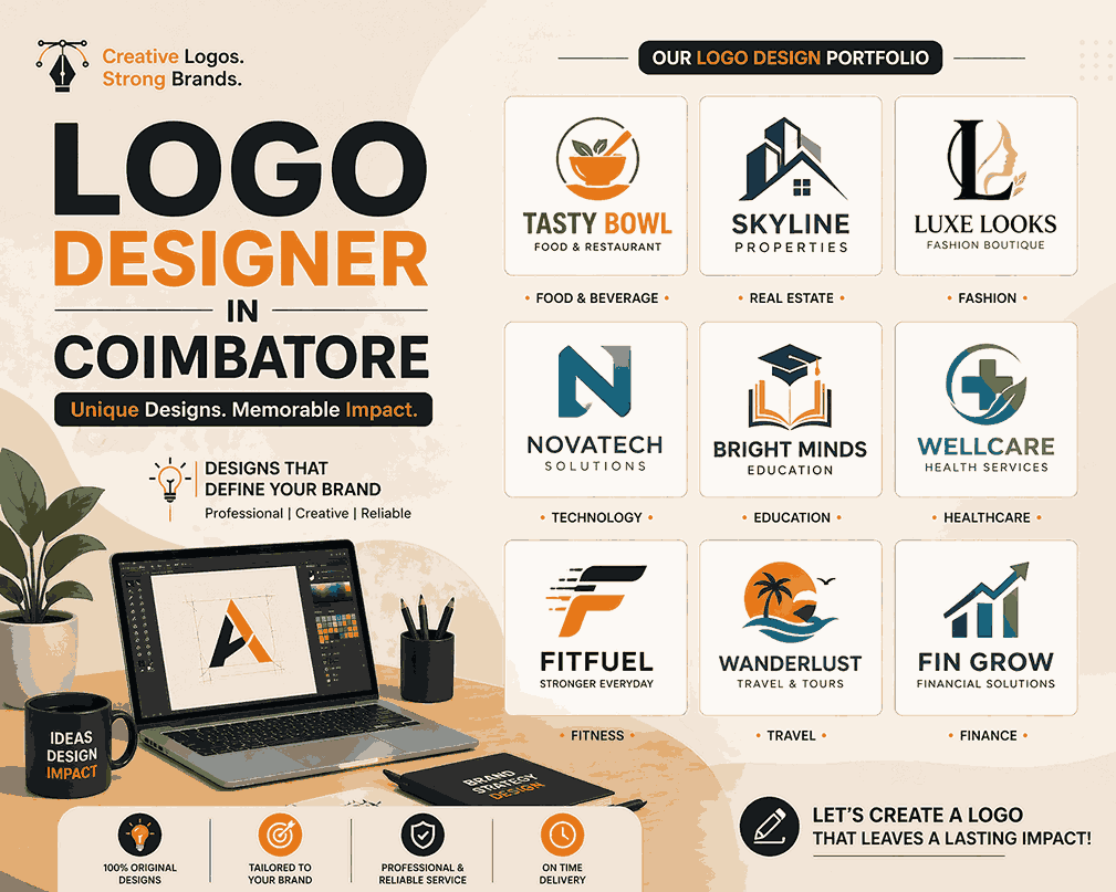 Logo designer in Coimbatore portfolio showcasing multiple logo designs across industries in clean grid layout