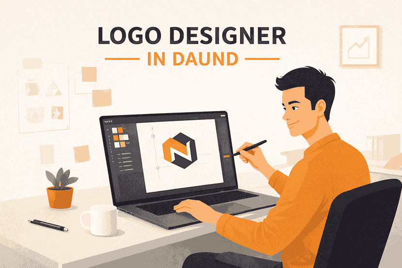 Logo designer in Daund working on laptop creating geometric logo design in modern minimalist workspace illustration