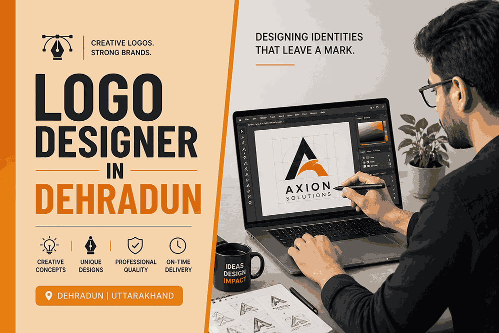 Logo designer in Dehradun blog cover with split layout showing designer working on laptop and bold typography panel