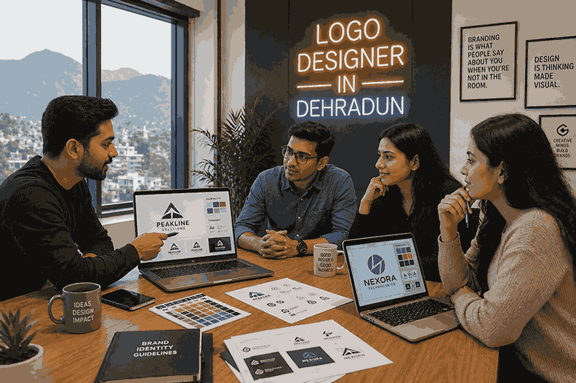 Logo designer in Dehradun team presenting branding concepts, logo designs and color palettes to client in modern office