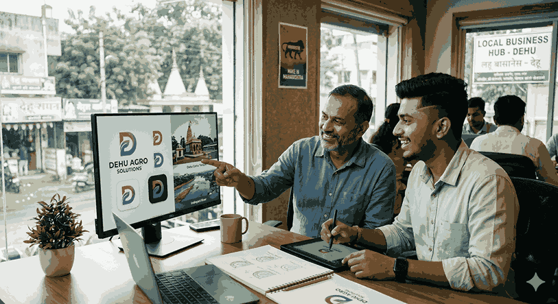 Client discussing logo design with professional logo designer in Dehu studio while reviewing branding concepts on computer screen