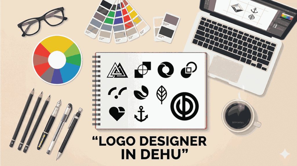 Flat lay illustration of logo designer in Dehu workspace with sketchbook, geometric logo concepts, laptop, and branding tools