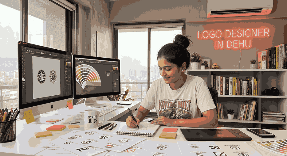 Young female logo designer in Dehu sketching logo concepts in a modern studio with dual monitors and creative workspace setup