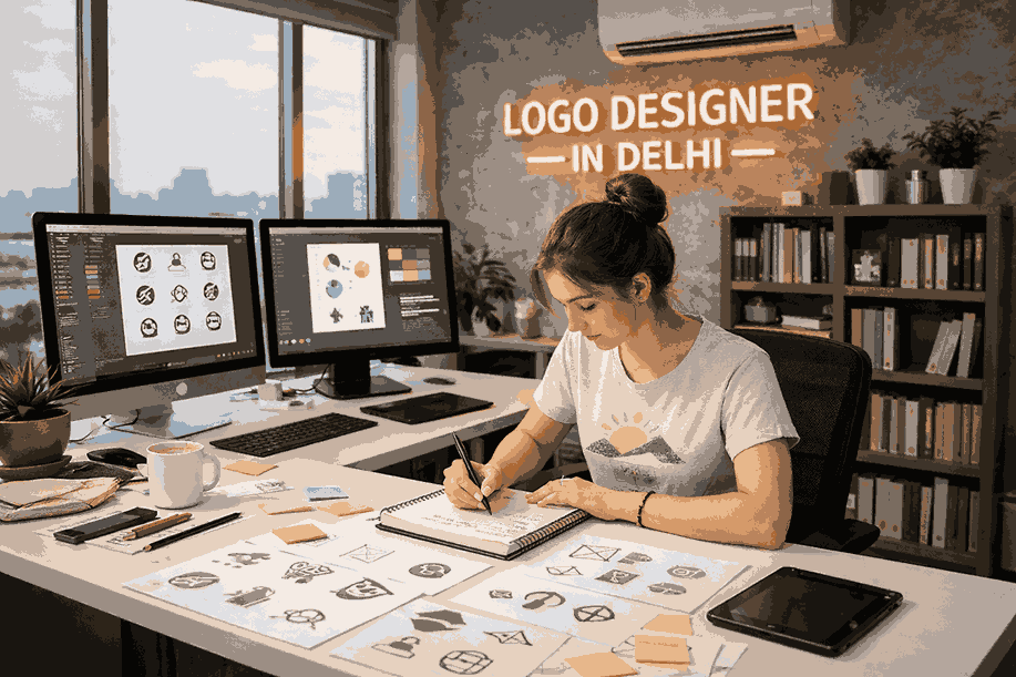 Young female logo designer in Delhi sketching creative logo ideas at a modern workspace with dual monitors and design tools