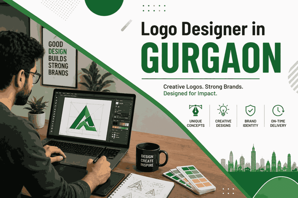 Logo designer in Gurgaon blog cover with diagonal split layout showing designer working on laptop and bold typography