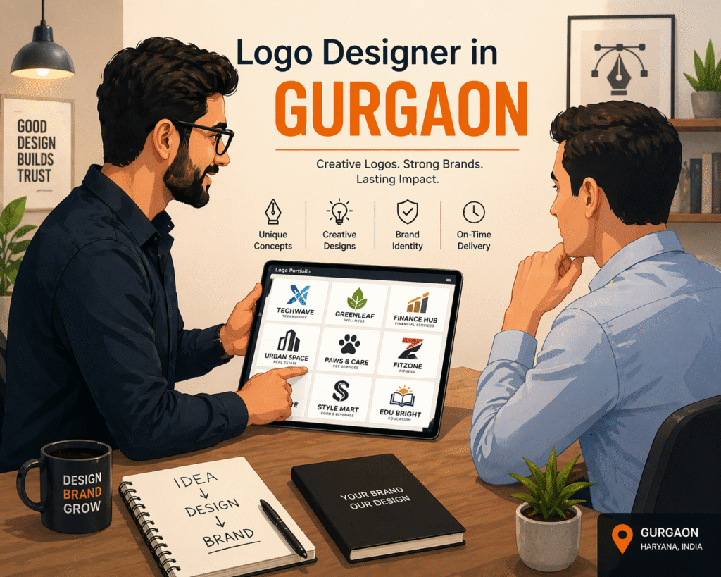 Logo designer in Gurgaon presenting logo design portfolio on tablet to client in modern office illustration