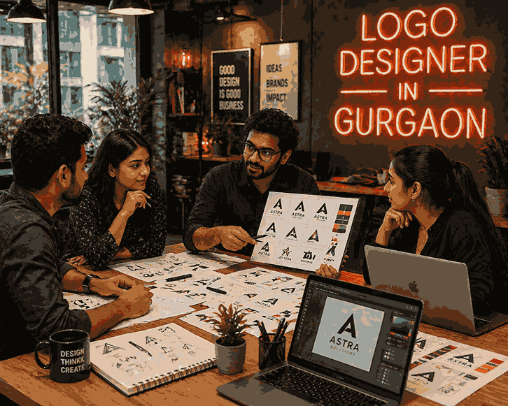 Logo designer in Gurgaon team discussing logo concepts and branding ideas with client in modern creative studio