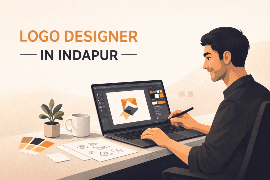 Logo designer in Indapur working on laptop with stylus creating geometric logo in modern minimalist workspace illustration