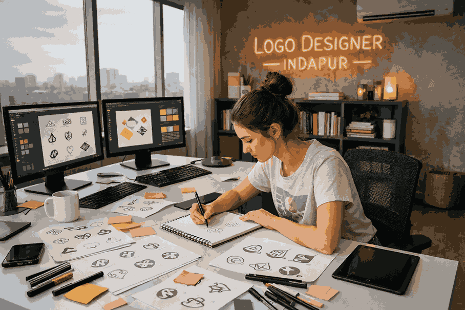 Female logo designer in Indapur sketching logo concepts at a modern studio desk with dual monitors and creative tools