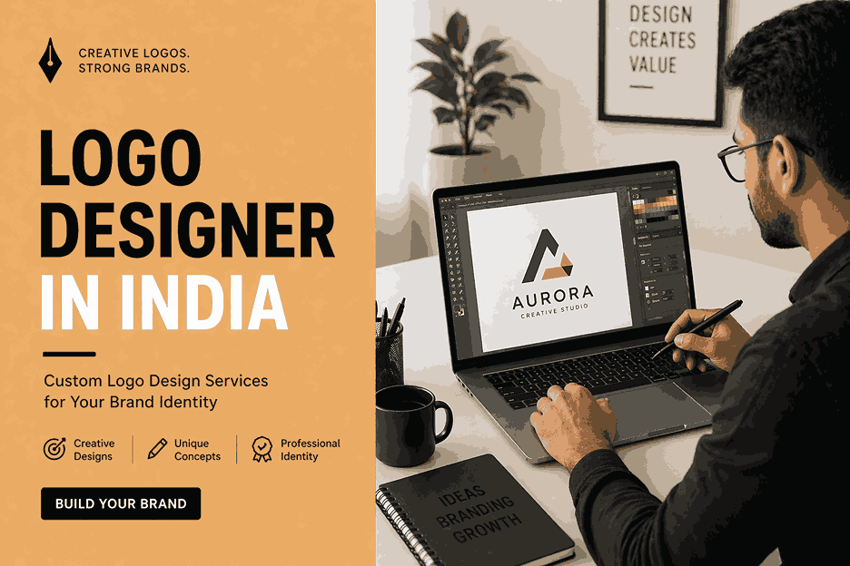 Logo designer in India blog cover with split layout showing designer working on laptop and bold typography panel