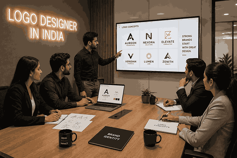 Logo designer team in India presenting branding concepts and logo designs to client in corporate conference room
