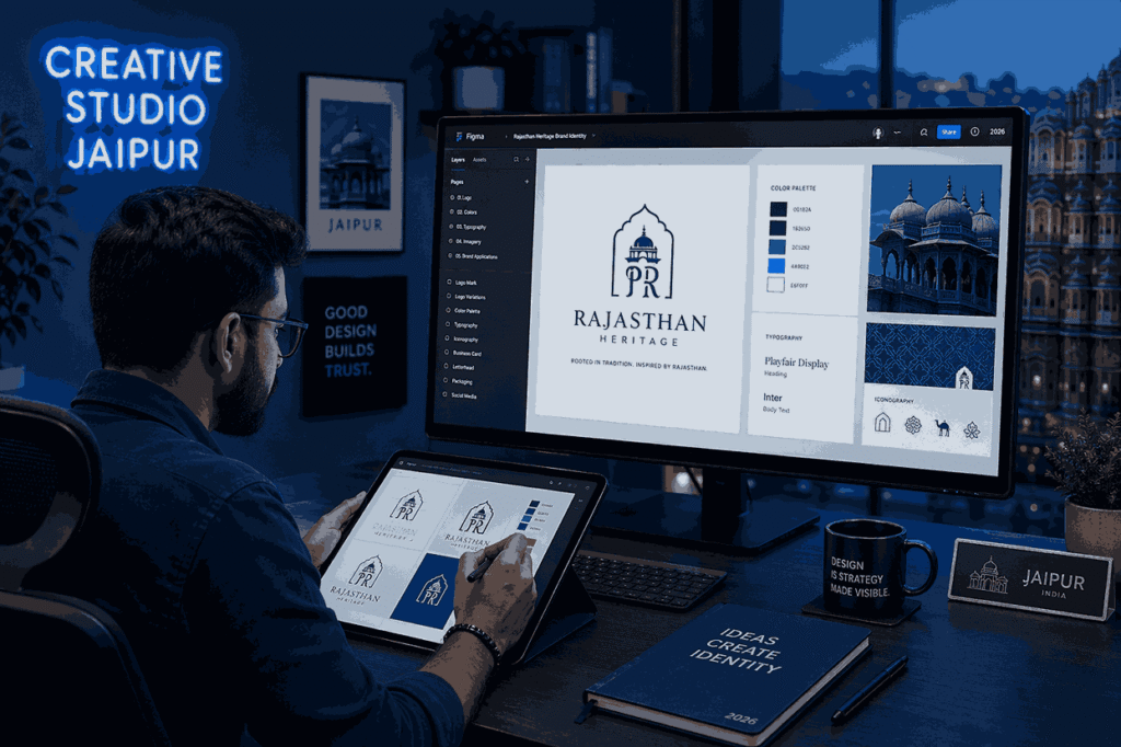 Professional logo designer in Jaipur working on tablet and desktop using Figma to create brand identity for Rajasthan business in blue-toned creative studio