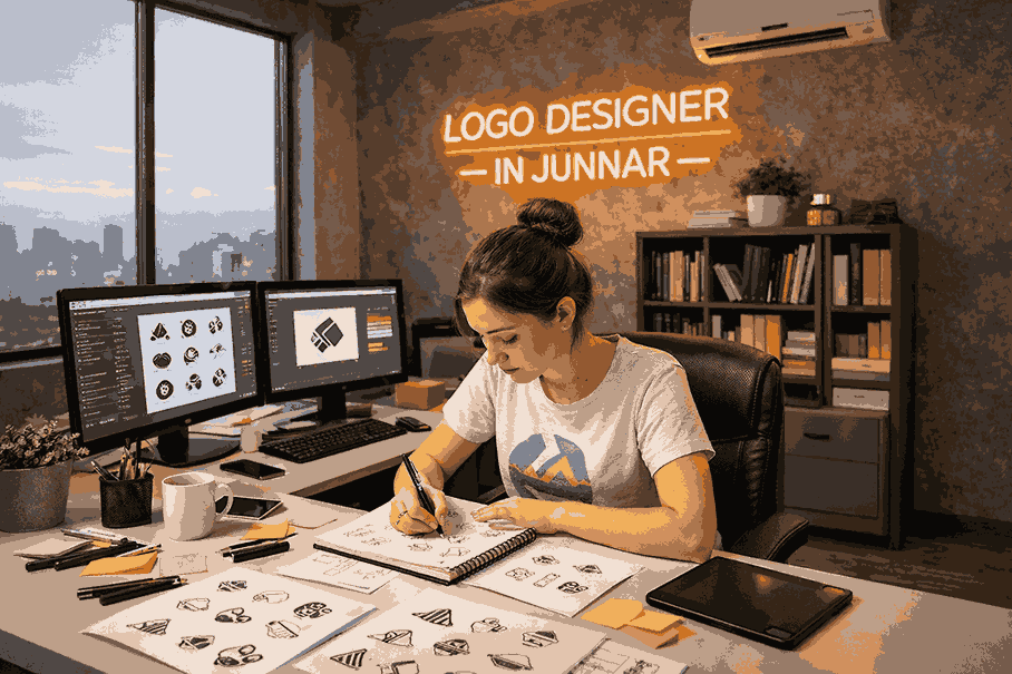 Young female logo designer creating logo sketches in a modern Junnar studio with dual monitors and neon branding sign