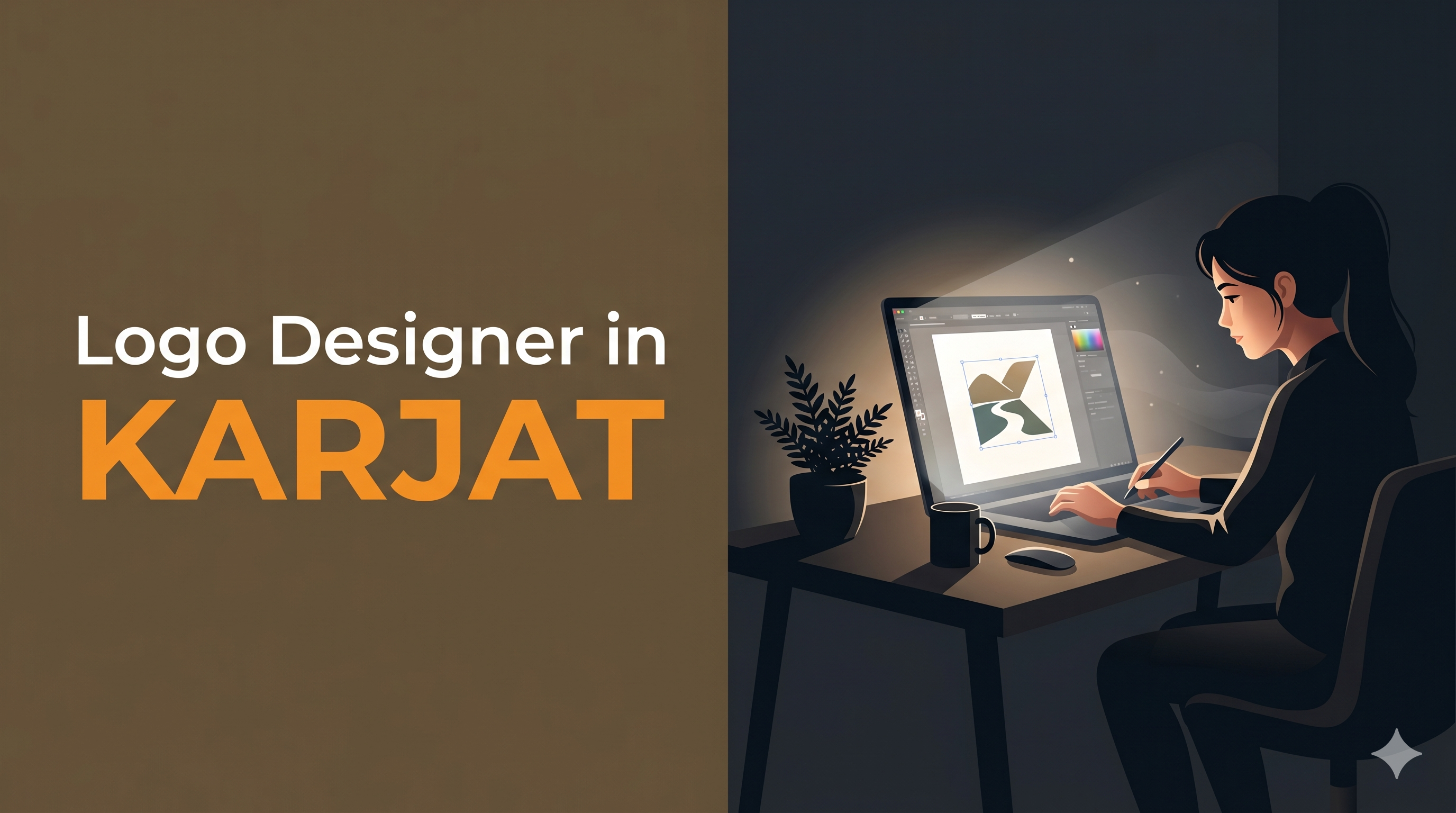 Logo designer in Karjat blog cover with dark theme and designer working on glowing laptop editing logo