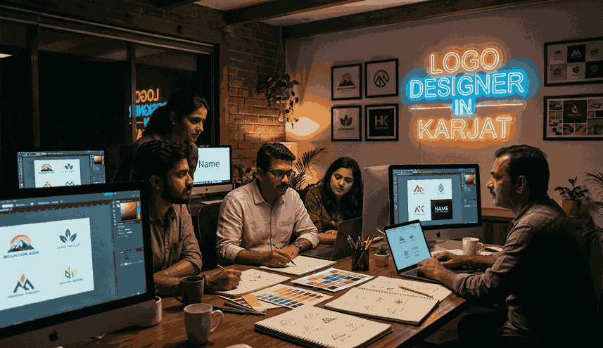 Logo designer in Karjat team brainstorming logo concepts at night with client in studio with glowing screens