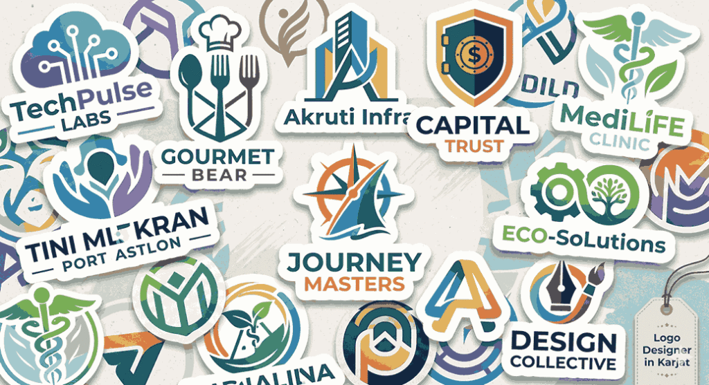 Logo designer in Karjat portfolio collage showcasing diverse logo designs with icons typography and brand marks