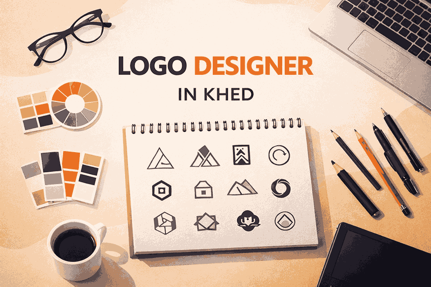 Flat lay illustration of logo designer in Khed workspace with sketchbook, logo concepts, laptop, color palette and design tools