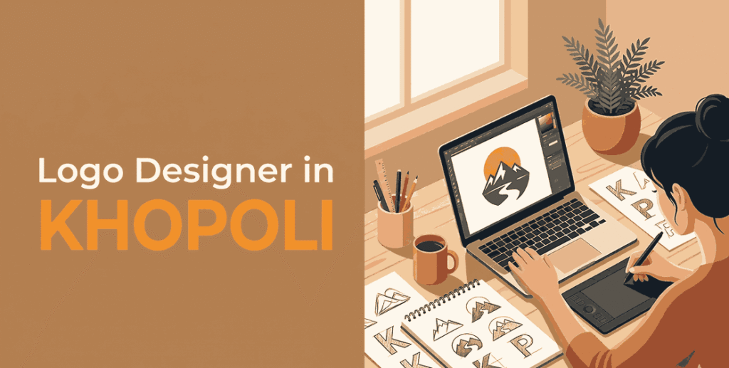 Logo designer in Khopoli blog cover with designer working on laptop and tablet with logo sketches in modern workspace
