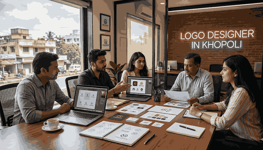 Professional logo designer presenting logo concepts to client on laptop with color palette and typography in modern office