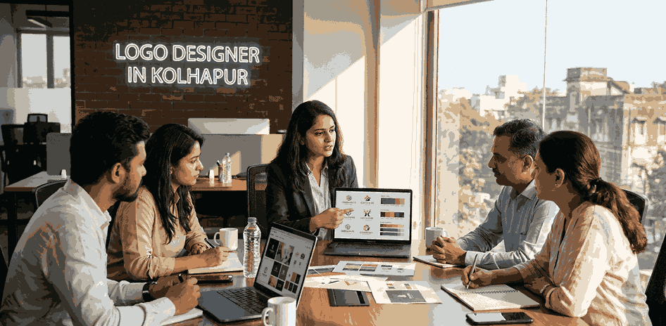 Logo designer in Kolhapur team meeting with client discussing logo designs and color palettes on laptops in modern office