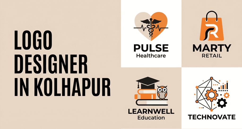 Logo designer in Kolhapur blog cover with split layout and portfolio grid of logos from multiple industries