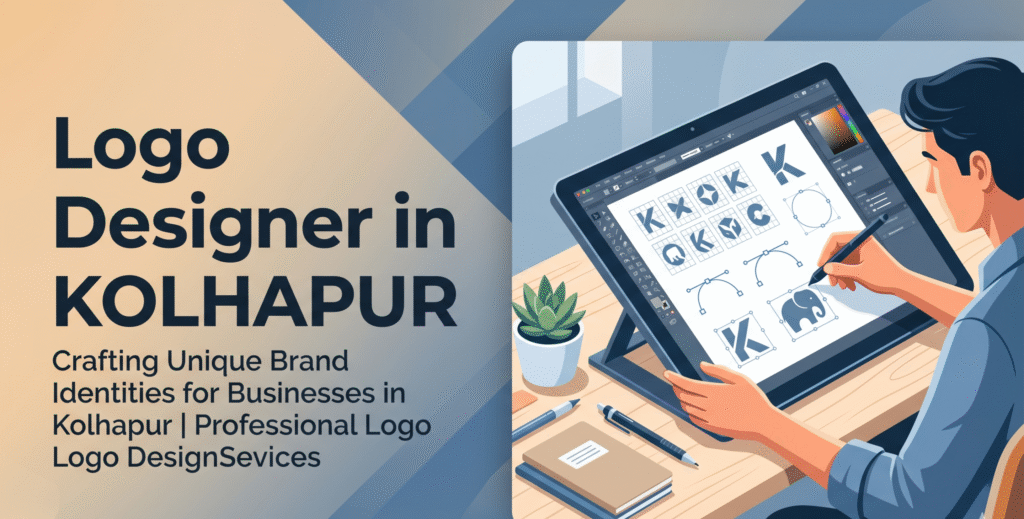 Logo designer in Kolhapur blog cover with split layout and designer using stylus on tablet with logo grids and vector shapes