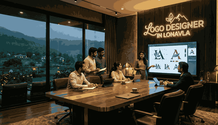 Logo designer in Lonavla team presenting logo concepts to client on large screen in premium dark office