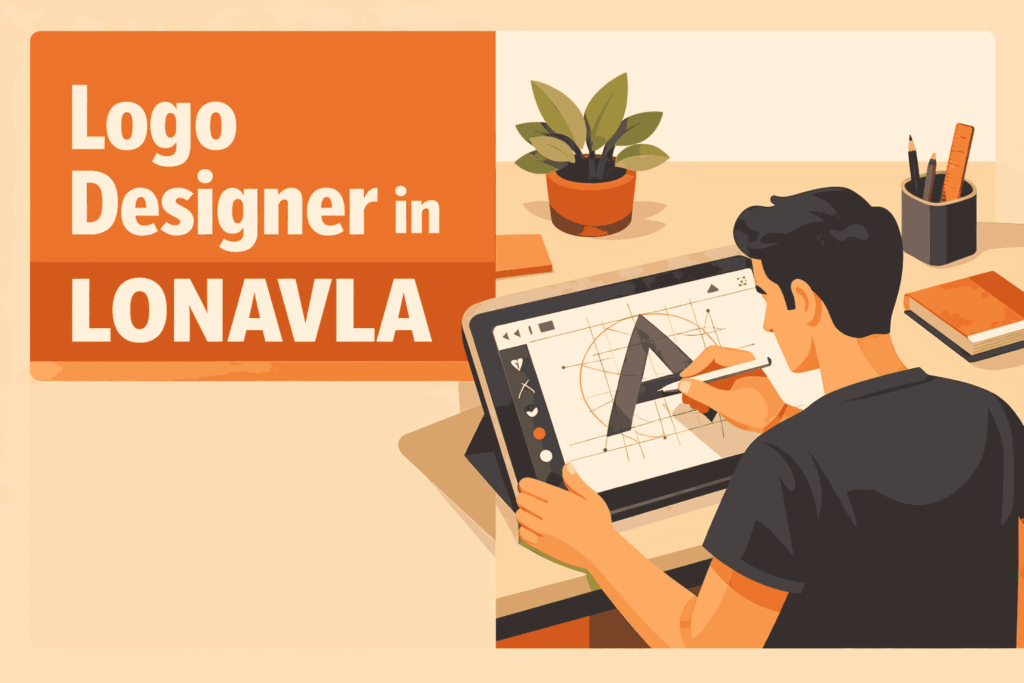 Logo designer in Lonavla blog cover with split layout and designer using stylus on tablet creating vector logo