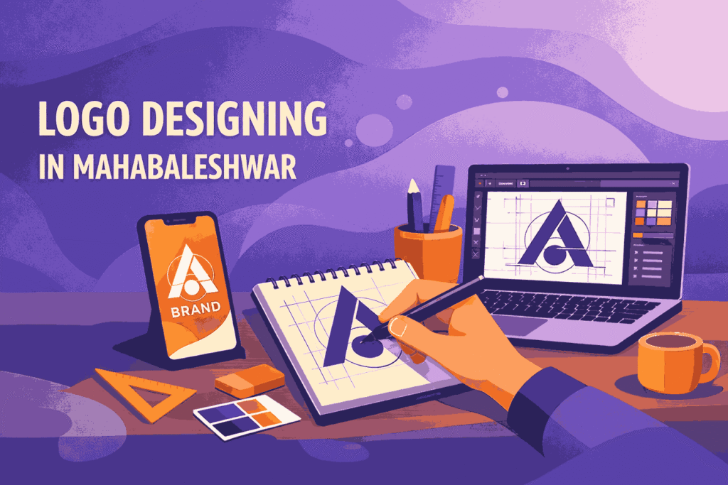 Logo designer in Mahabaleshwar creating a modern geometric logo on laptop and notepad in a creative workspace