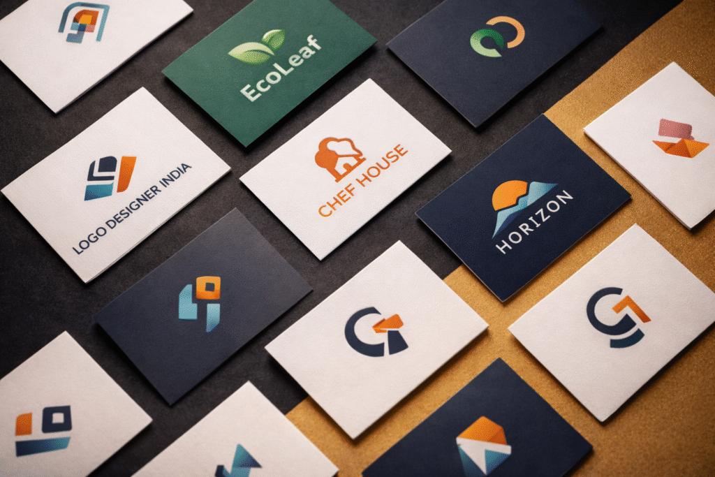Top view of business cards with modern logo designs by a logo designer in Maval displayed on a black and gold textured background