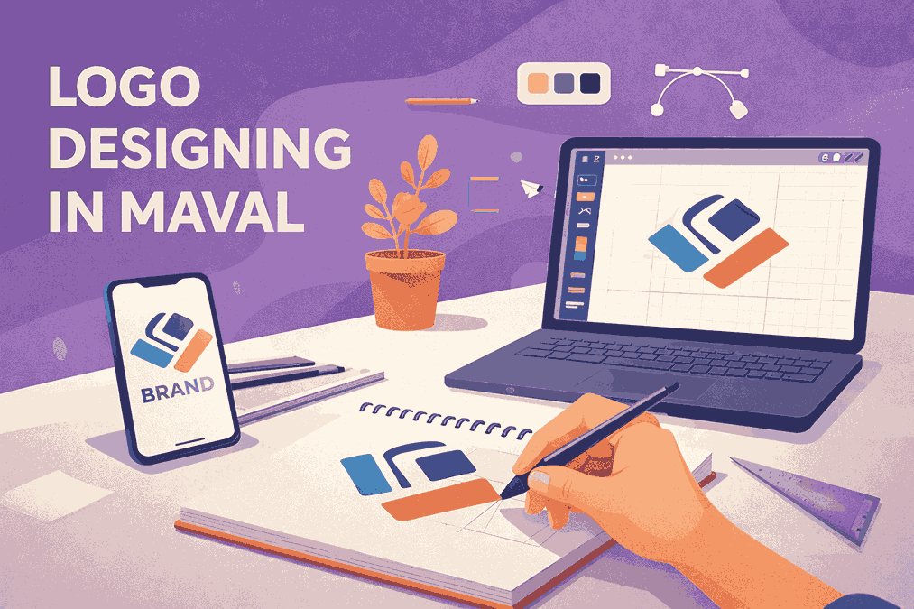 Flat vector illustration of a logo designer in Maval creating a geometric logo on a laptop and notepad with branding elements and modern workspace