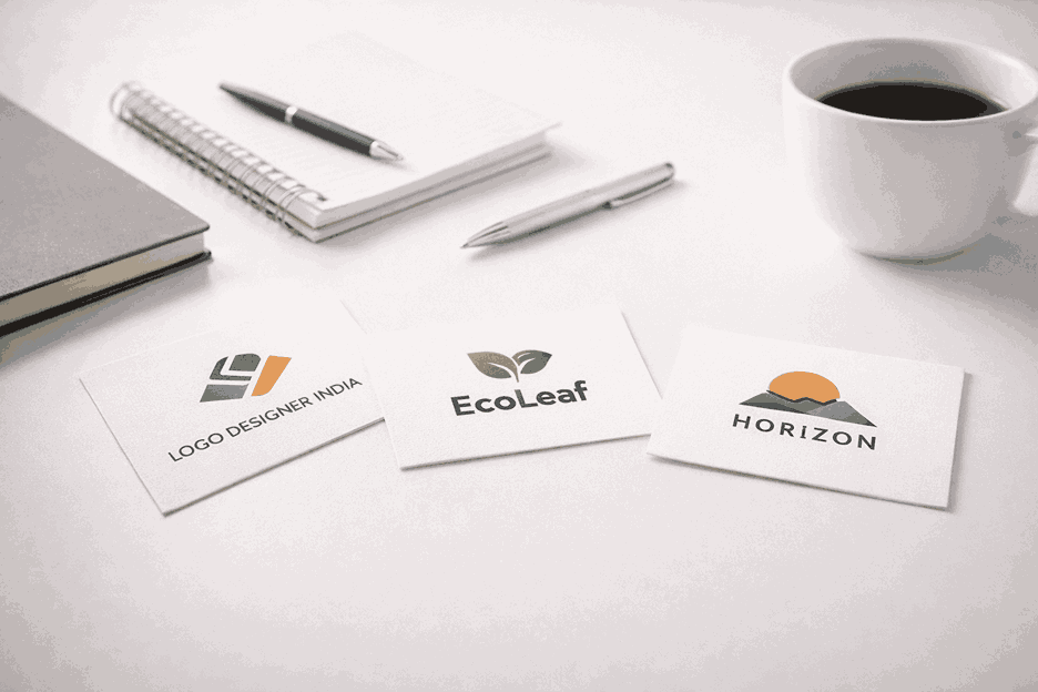 Minimalist white desk with business cards showcasing logo designs by a logo designer in Maval with clean corporate workspace setup