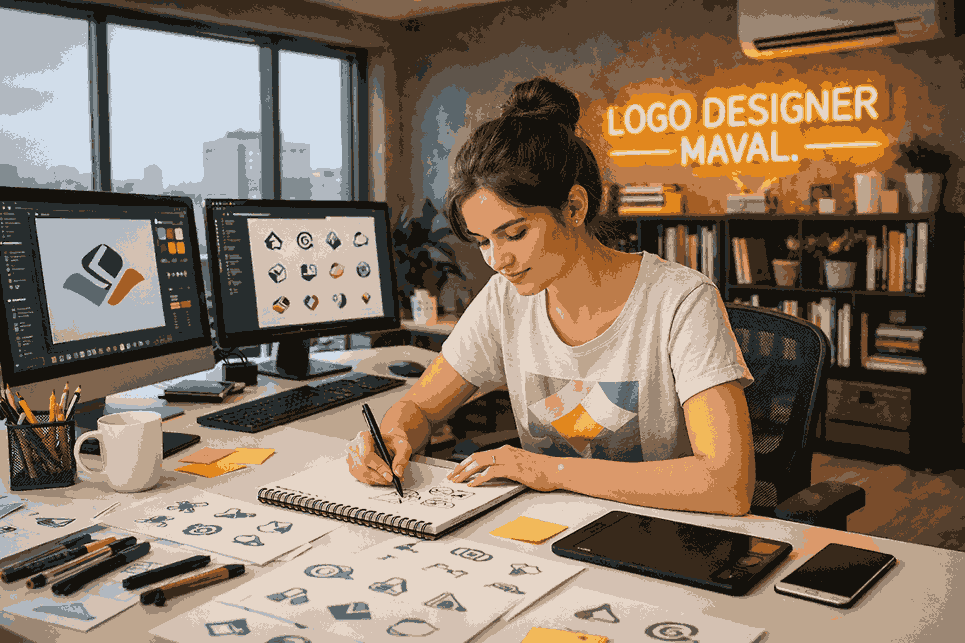 Young female logo designer in Maval sketching creative logo ideas at a modern workspace with dual monitors and design tools
