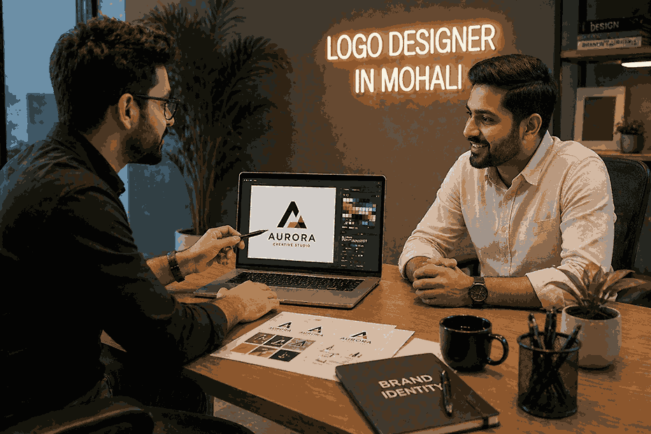 Logo designer in Mohali explaining logo concepts and color palettes to client on laptop in modern office