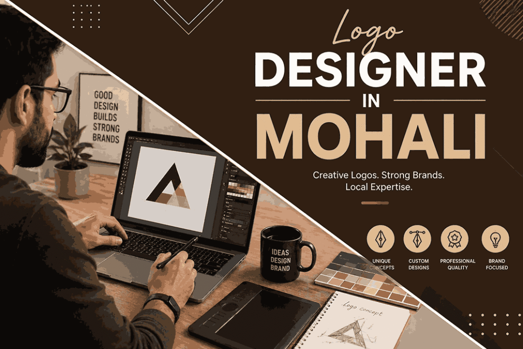Logo designer in Mohali diagonal split blog cover with designer working on laptop and bold typography in brown theme