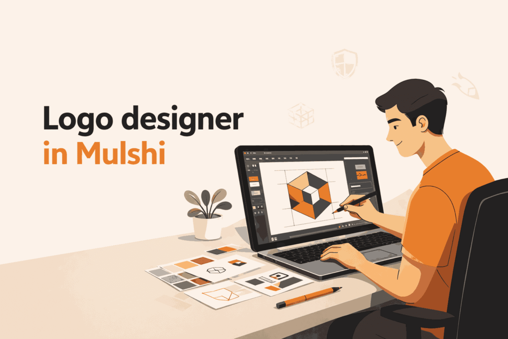 Logo designer in Mulshi working on geometric logo design using laptop and stylus in a modern minimalist workspace illustration