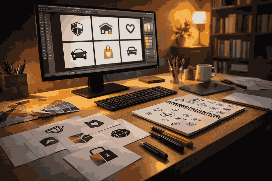 Professional logo designer in Mulshi workspace with computer showing logo design software and printed branding concepts on desk