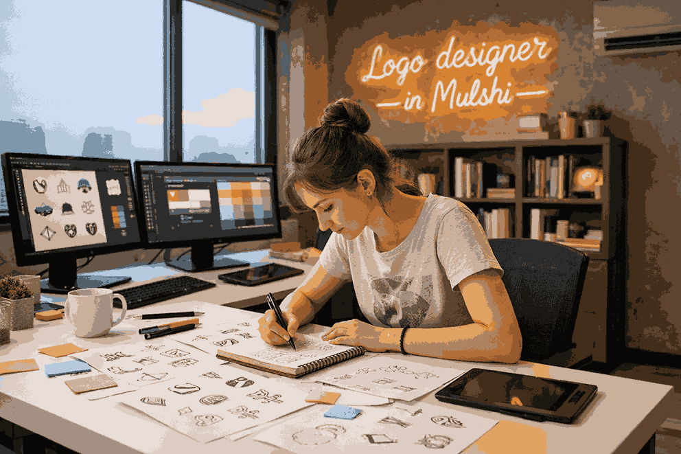 Young female logo designer in Mulshi sketching creative logo ideas in a modern studio with dual monitors and branding tools