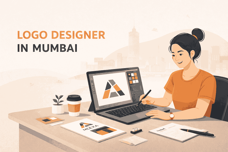 Logo designer in Mumbai creating geometric logo on laptop with stylus in modern minimalist workspace illustration