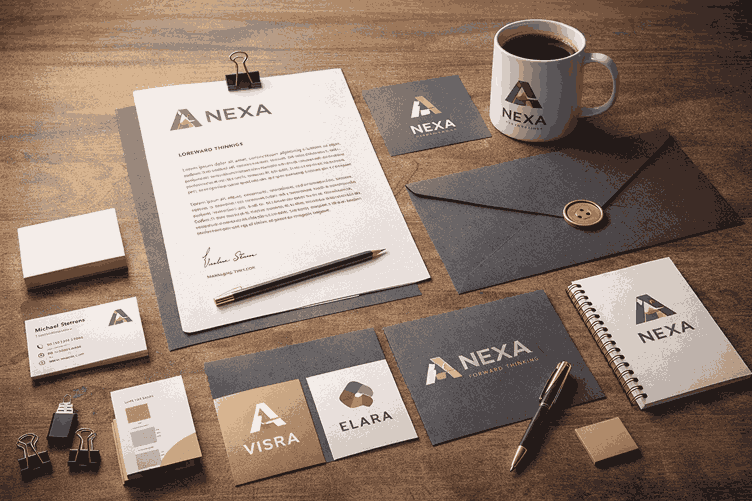 Creative branding display by logo designer in Mumbai showing logo cards, stationery items, envelopes, and coffee mug with cohesive brand identity
