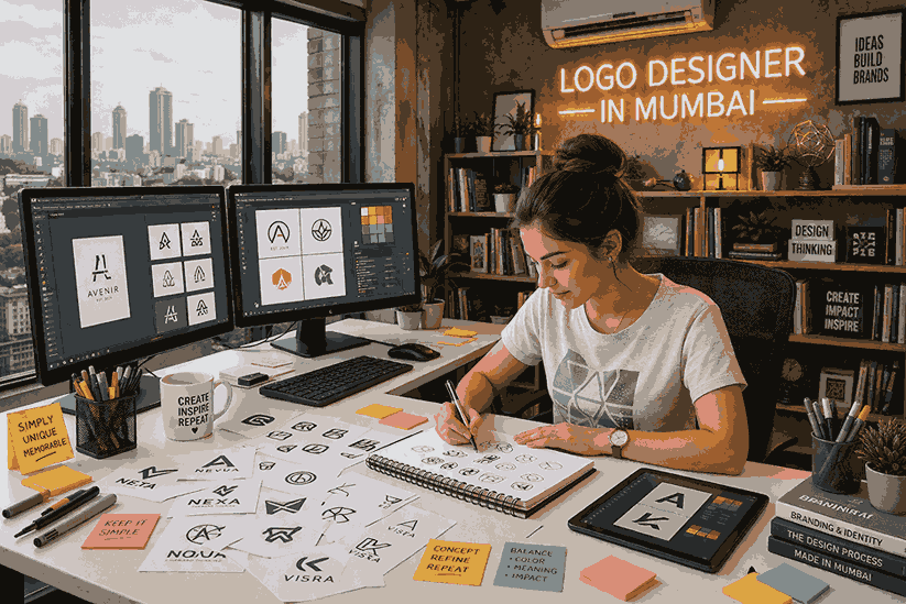 Young female logo designer in Mumbai working in a modern creative studio, sketching logo ideas with dual monitors and branding tools