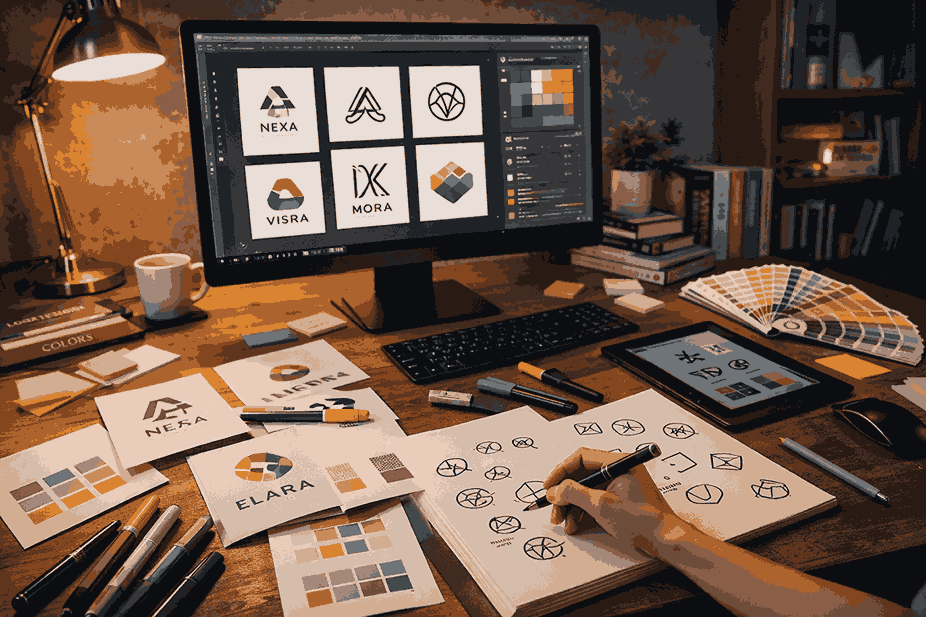 Professional logo designer in Mumbai workspace with computer showing logo design software, printed logo cards, sketch pads, and color swatches
