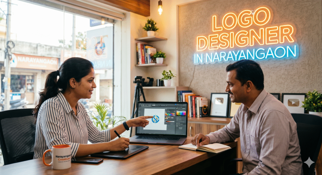A professional female logo designer in Narayangaon presenting digital logo concepts and a color palette on a laptop to a male client inside a modern design studio with a neon sign.