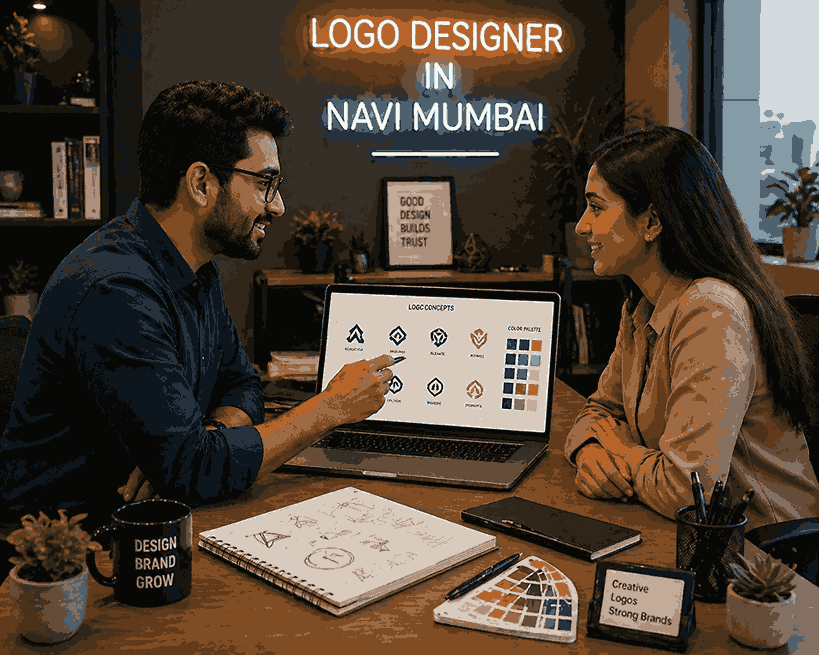 Logo designer in Navi Mumbai explaining logo concepts and color palettes to client on laptop in modern office