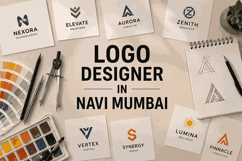 Logo designer in Navi Mumbai flat lay with logo sketches, color palette tools and branding materials on beige background