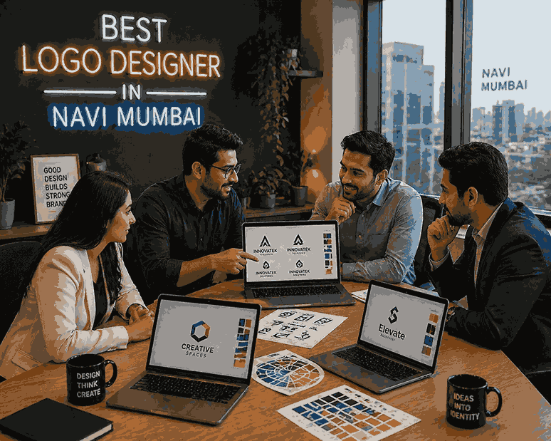 Logo designer team in Navi Mumbai discussing branding concepts and logo designs with client in modern office meeting