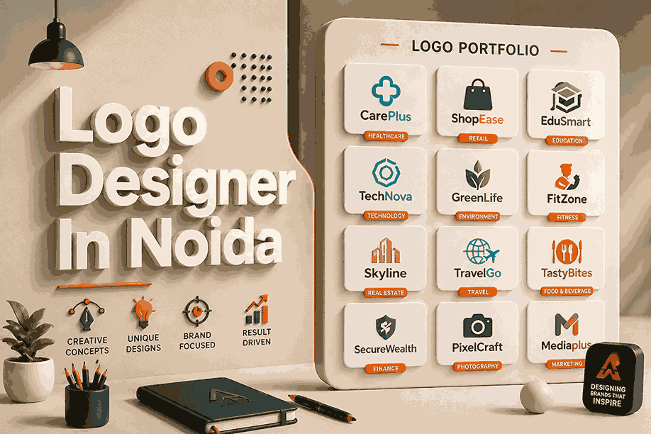 3D logo designer in Noida blog cover with portfolio grid of logos and bold typography in modern layout