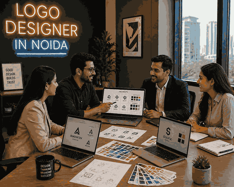 Logo designer team in Noida discussing branding concepts and logo designs with client in modern office meeting